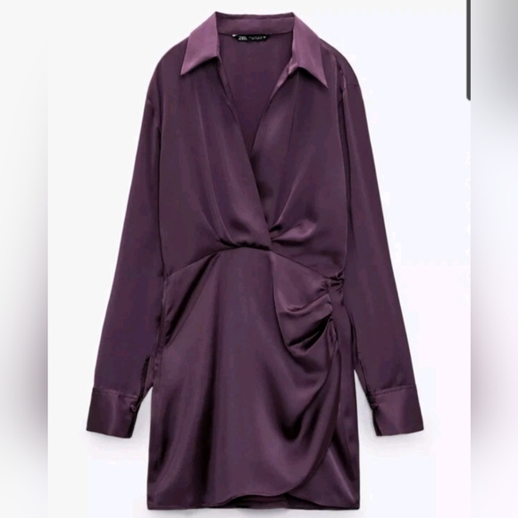 NWT Zara | Satin Ruched Shirt Dress Silky Eggplant Womens Large - Picture 2 of 9